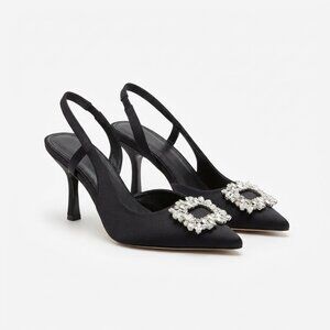 Black Satin Crystal Buckle Slingback Heels Elegant Pointed Toe